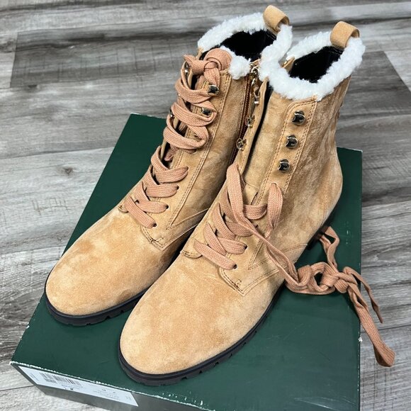 Kate Spade Raegan Classic Saddle Lace Up Boots Faux Fur NIB Brown Women’s Sz 7 - Picture 1 of 12